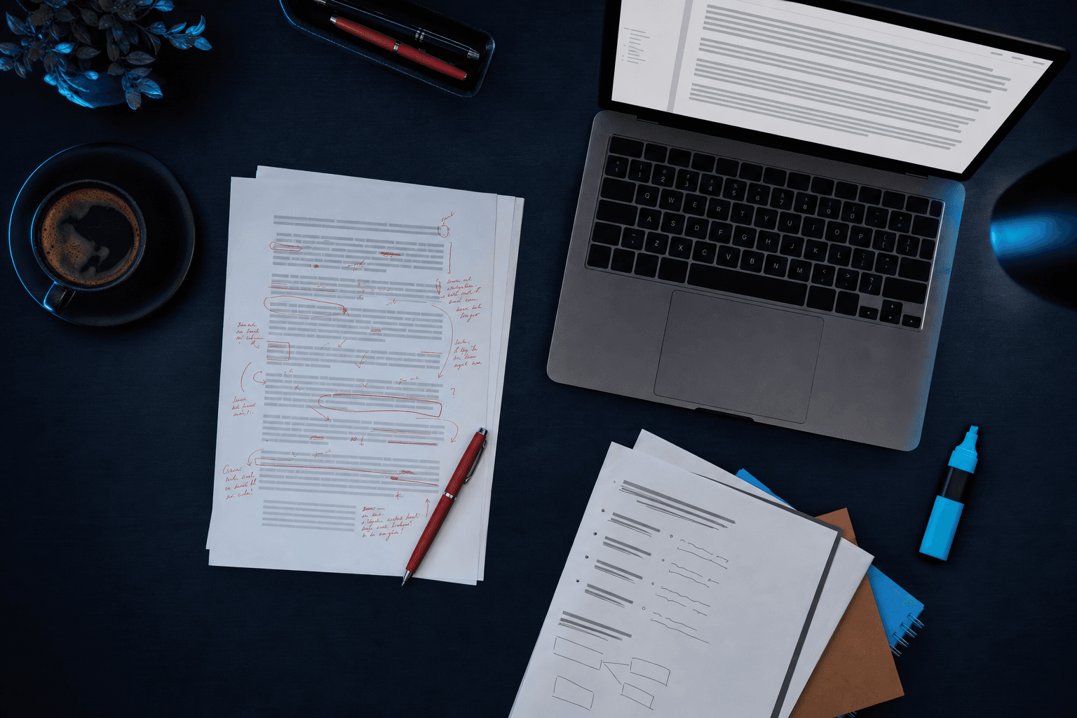 Overhead view of a printed article draft marked up with handwritten edits next to a laptop showing a text editor