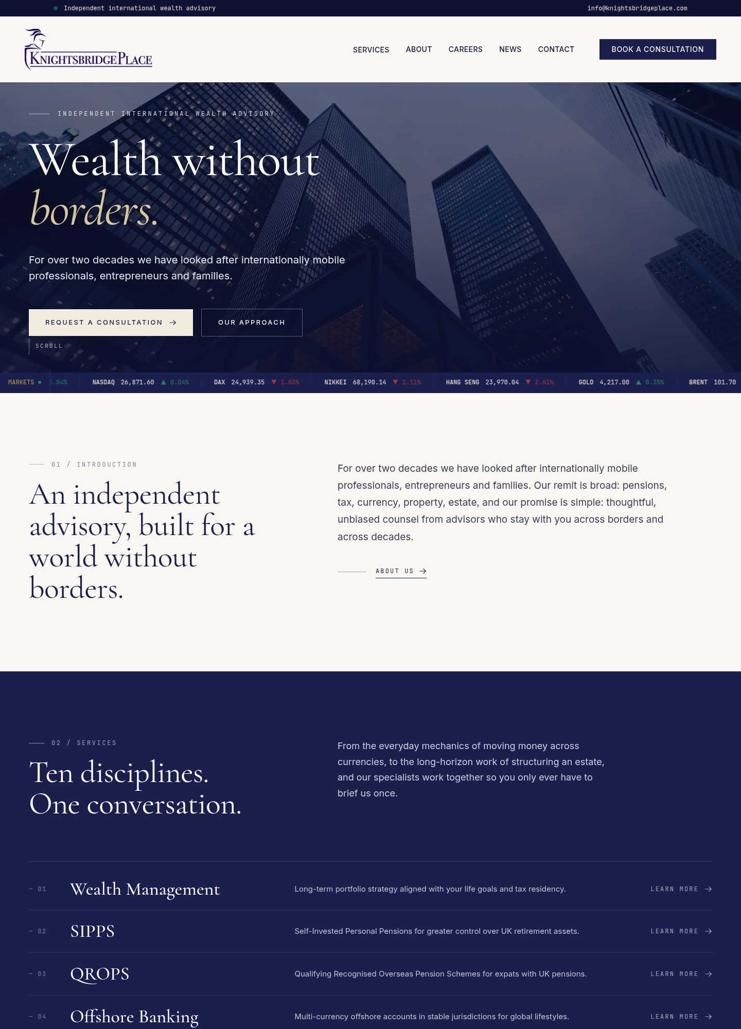 Knightsbridge Place’s public wealth advisory website, featuring refined editorial typography